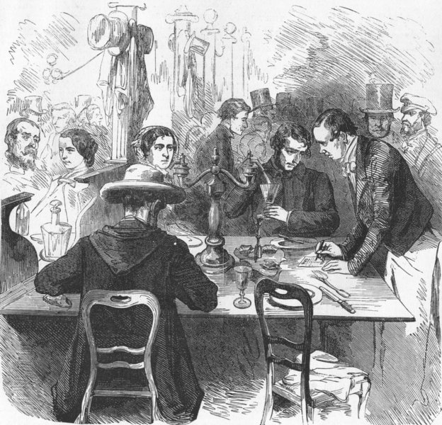Associate Product SOCIETY. Dinner, sale Montesquieu, Paris-Reckoning, antique print, 1856