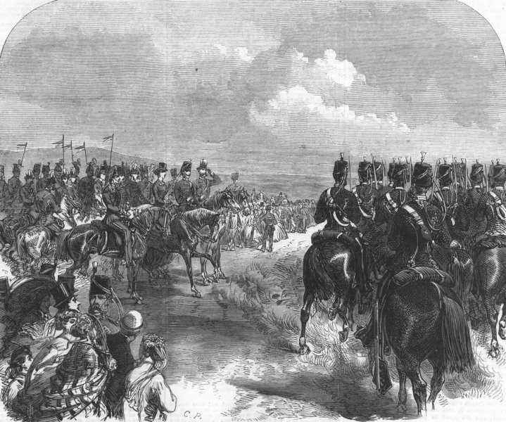 Associate Product HANTS. Aldershot. Cavalry marching, Prince of Wales, antique print, 1866
