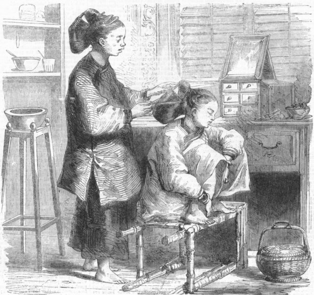 Associate Product CHINA. Artist. Fixing hair A' La Teapot, antique print, 1859