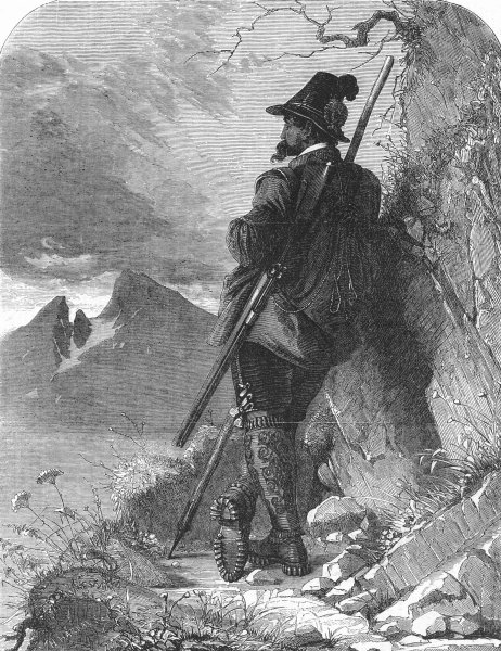 Associate Product GOATS. Tyrolese chamois-hunter, antique print, 1858