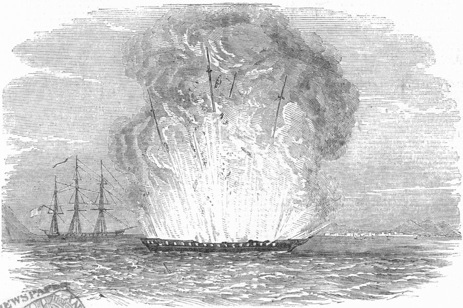Associate Product MACAU. Portugual ship Donna Maria II, explodes, Taipa, antique print, 1851
