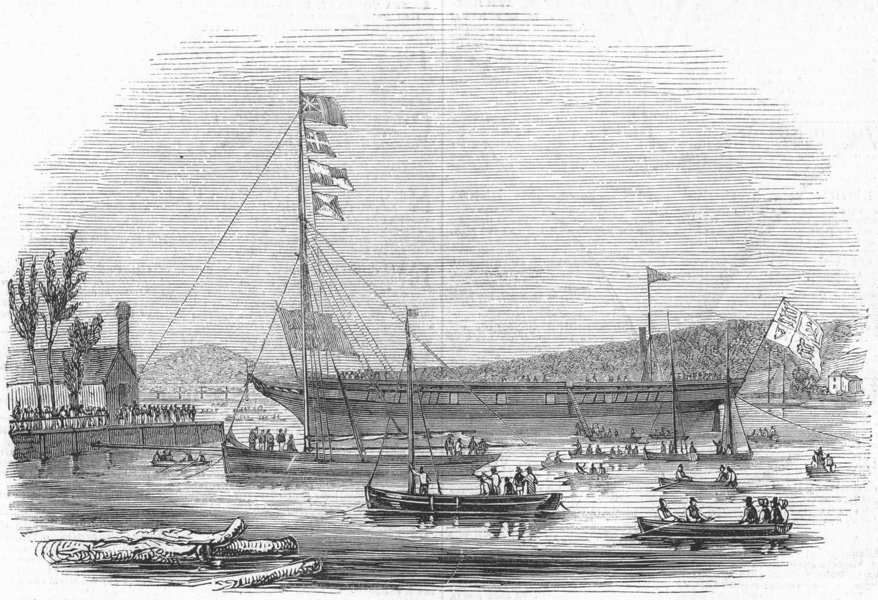 ISLE OF WIGHT. Launch. Waterwitch, Cowes, antique print, 1844