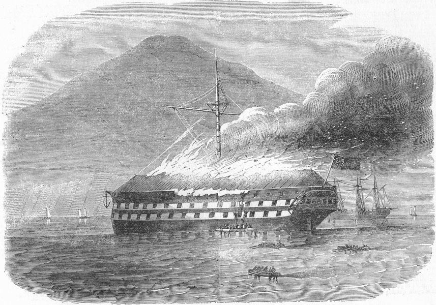 Associate Product HONG KONG. Fire ship Ft William , antique print, 1852