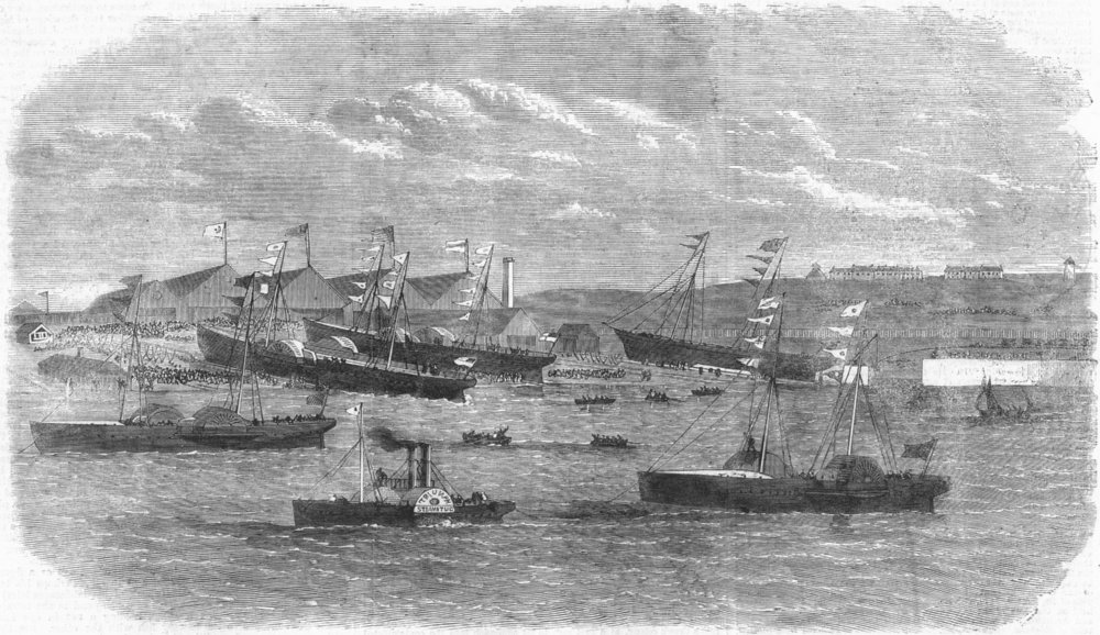 Associate Product LANCS. Launch. 5 ships, Liverpool, antique print, 1865