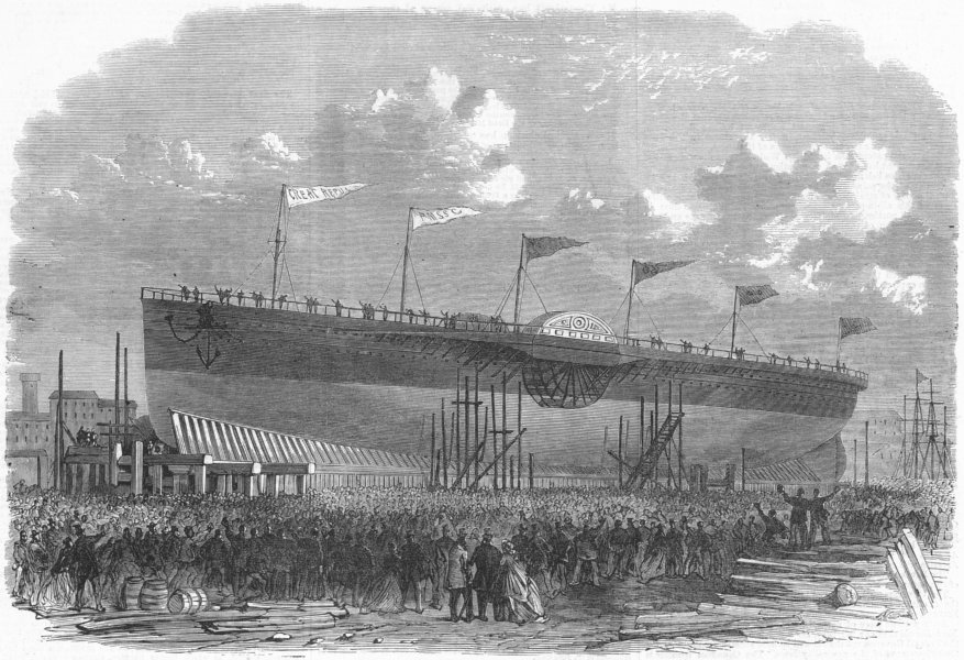 Associate Product NEW YORK. Launch. Gt republic Ship , antique print, 1867