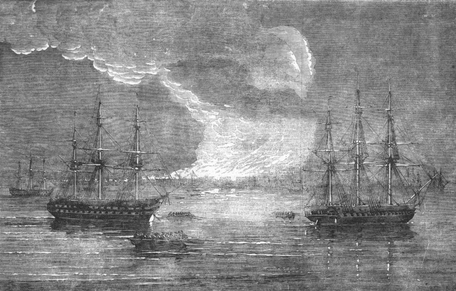 Associate Product BULGARIA. Varna burning. French Bayard; HMS Leander, antique print, 1854
