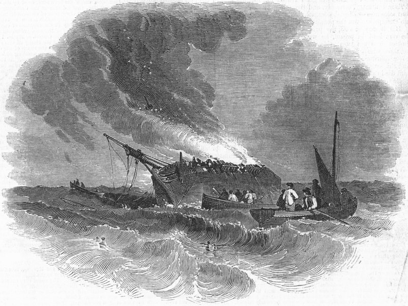 Associate Product DORSET. American ship ablaze, Weymouth, antique print, c1847