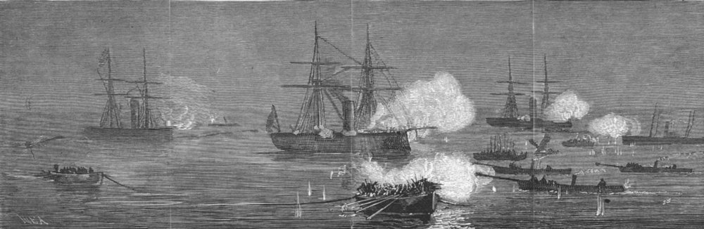 ROMANIA. Russian Torpedo attack on Turks, Sulina, antique print, 1877