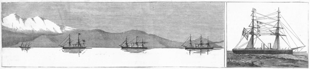 Associate Product SHIPS. Fleet, Suda Bay, Crete; Temeraire leaves Malta, antique print, 1886