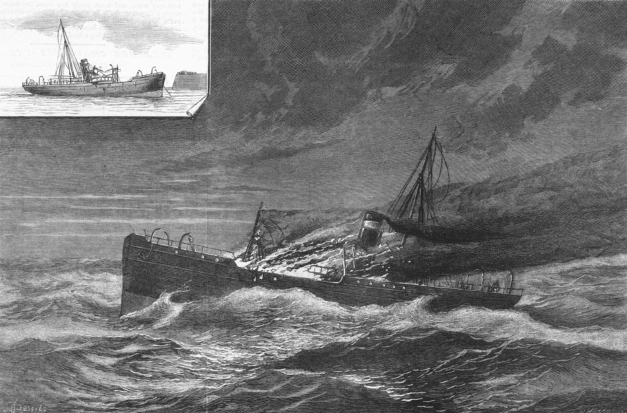 Associate Product SHIPS. Solway burning at sea-fire, Deck, antique print, 1881