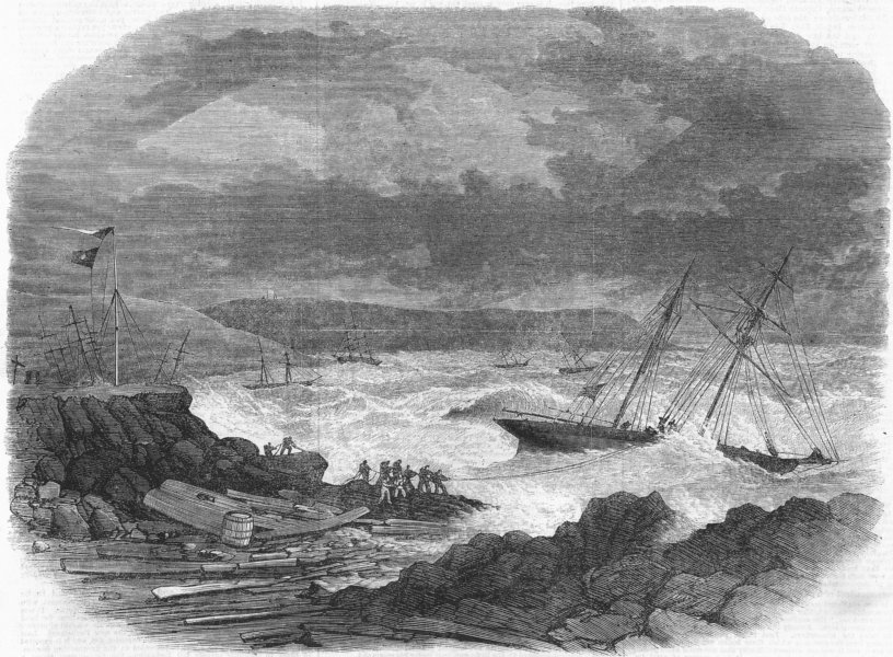 Associate Product DEVON. Ships aground, Batten Bay, Plymouth Sound, antique print, 1865