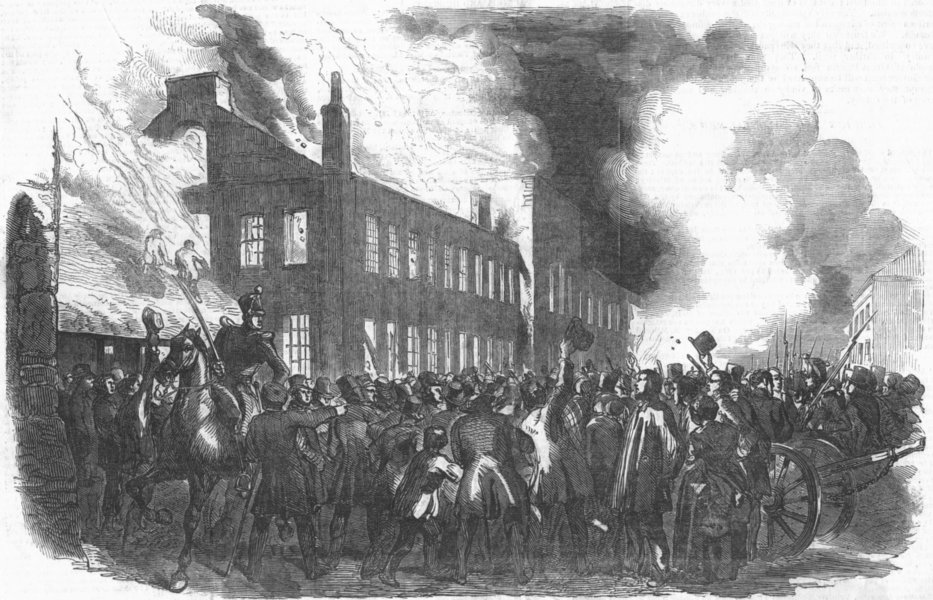 CANADA. Burning of houses assembly, Montreal, antique print, 1849