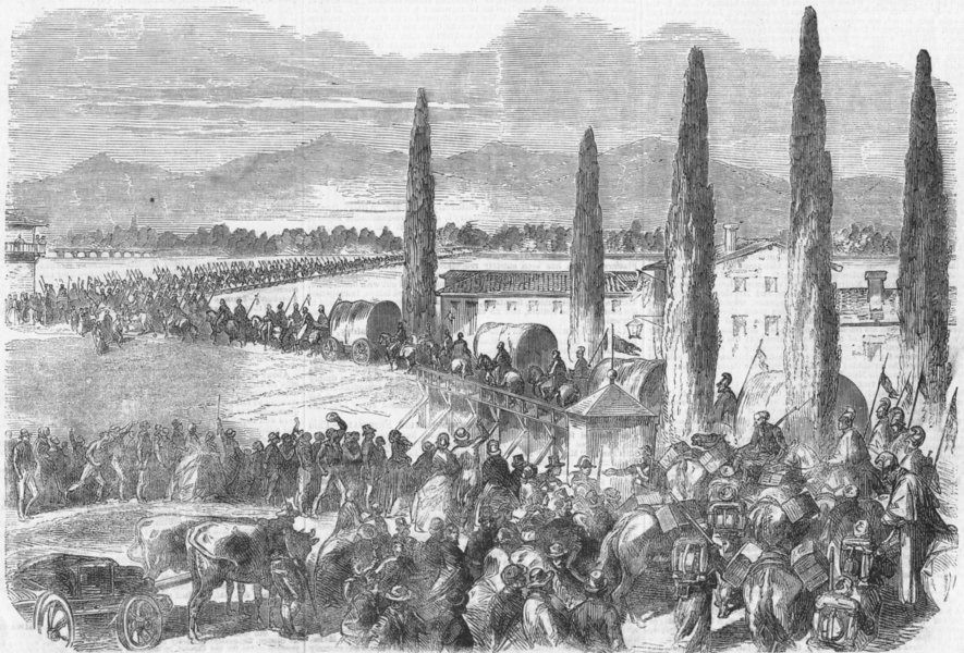 Associate Product ITALY. Allies crossing Sesia, Cerreto lesser bridge, antique print, 1859
