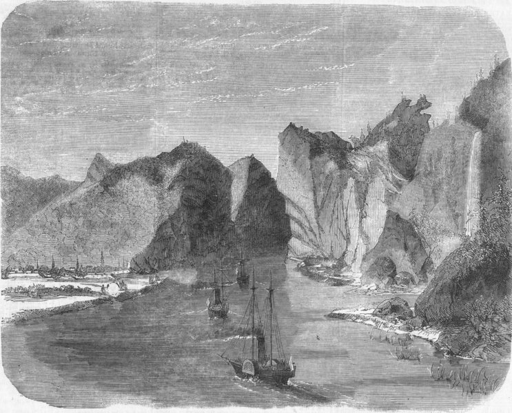 CHINA. Elgin expedition, Yangtze Kiang-2 pillars, antique print, 1859