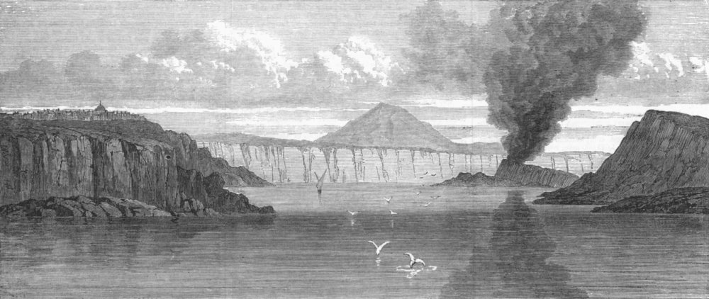GREECE. Santorini, West entry of Bay, antique print, 1870
