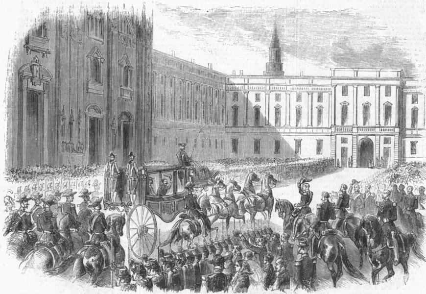 Associate Product ITALY. Parade, Palazzo reale, Milan, antique print, 1860