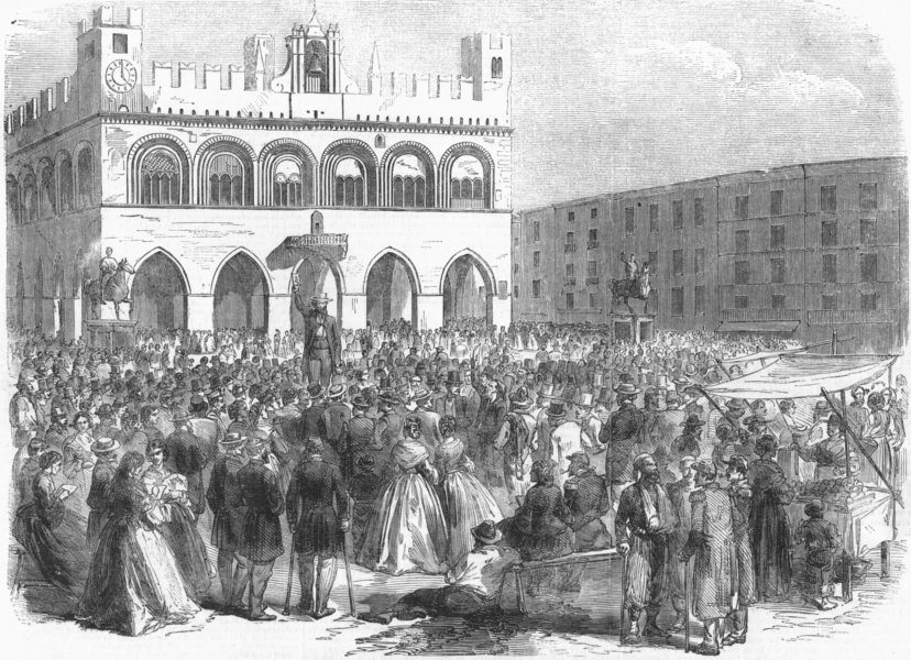 ITALY. Fair at Piacenza, antique print, 1859