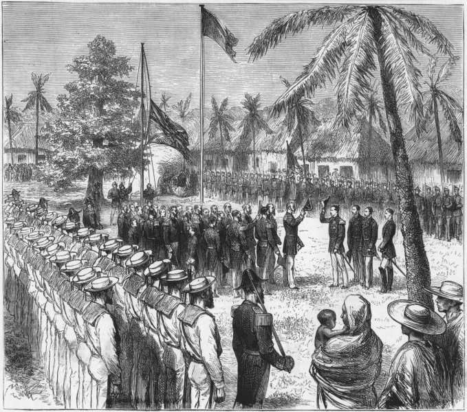 GUATEMALA. Troops salute British, Plaza, San Jose, antique print, 1874