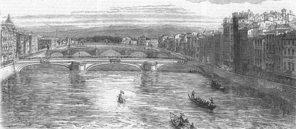 FLORENCE. Capt Boyton's Voyage start, Ponte Vecchio, antique print, 1877