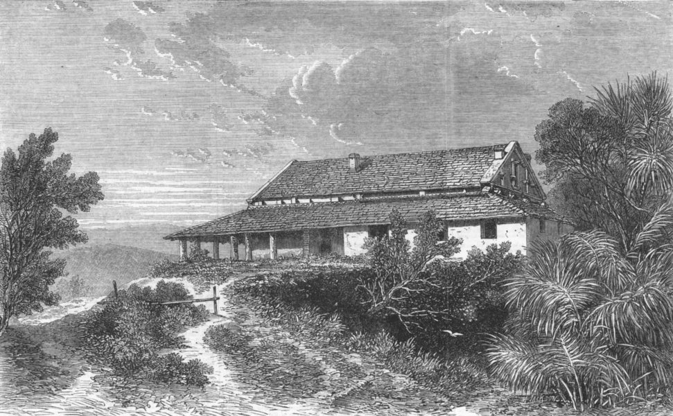 Associate Product INDIA. House, Dhurumsalla, where Earl Elgin died, antique print, 1864