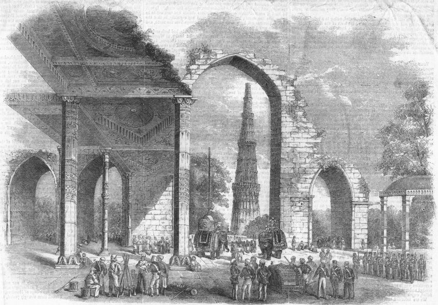 INDIA. Kootab Minar, post capture of King Delhi, antique print, 1858
