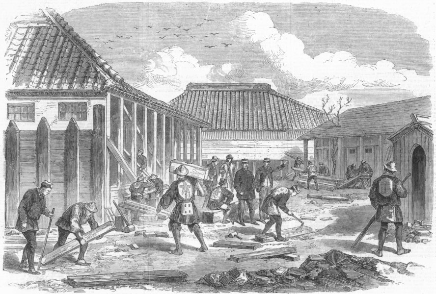 Associate Product YOKOHAMA. Barracks for British troops being built, antique print, 1864