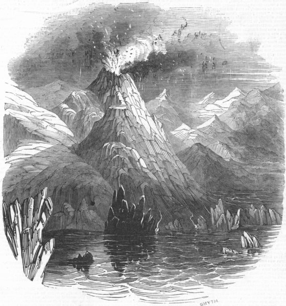 ICELAND. Eruption of Mount Hekla, antique print, 1845