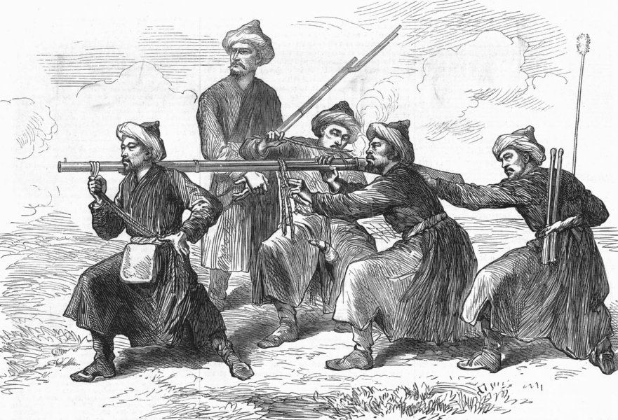 Associate Product KASHGAR. Tai-foo-chees Ameer's army-firing, antique print, 1874