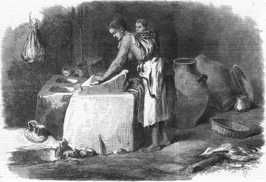 ETHIOPIA. Woman grinding corn in Tigray, antique print, 1868