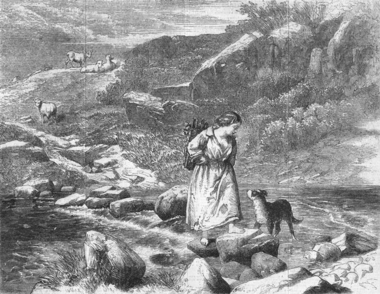 Associate Product PRETTY LADIES. Crossing the brook, antique print, 1858