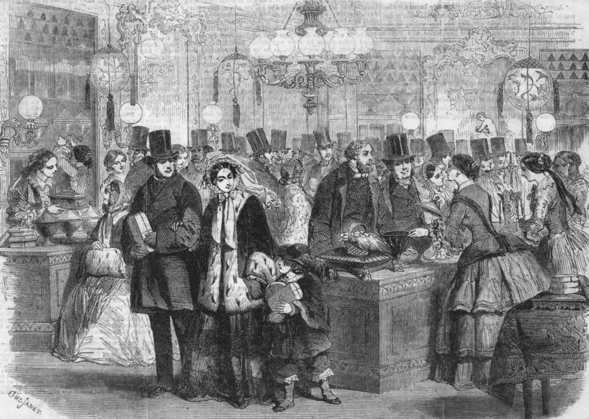 PARIS. New year's day in-confectioner's shop, antique print, 1856