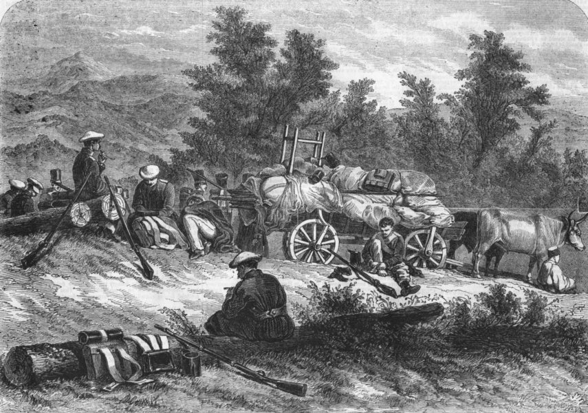 Associate Product TRANSPORT. Russian convoy on the halt, antique print, 1855