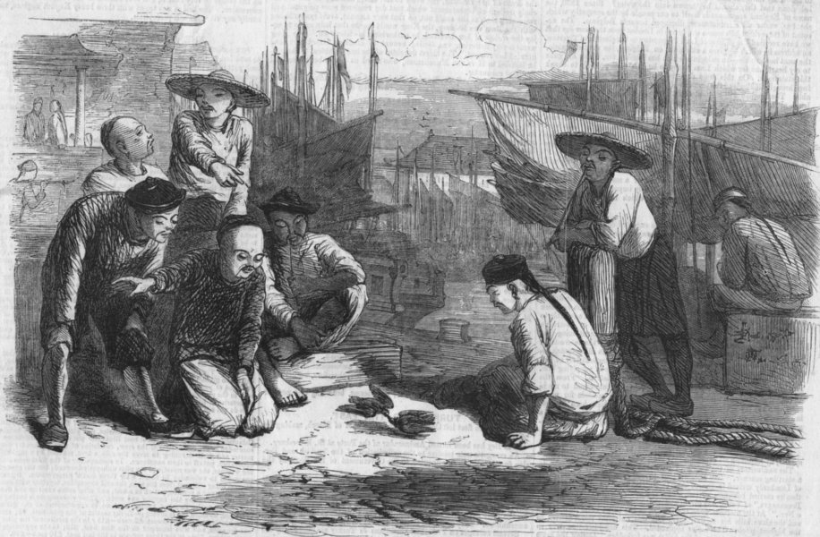 Associate Product PORTRAITS. Canton boatmen fighting quails, antique print, 1857