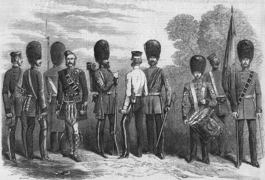 Associate Product GUARDS UNIFORMS. Coldstreams, Grenadiers, Fusiliers, antique print, 1857