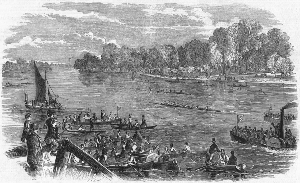 Associate Product BOAT RACE. Oxford draw ahead, Bishop's walk, Fulham, antique print, 1859