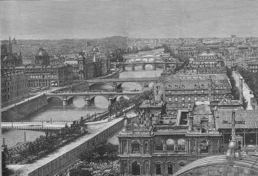 PARIS. View of Paris, showing the Seven Bridges 1882 old antique print picture