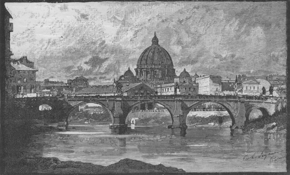 ROME. Bridge of St Angelo, with St Peter's in the Background 1882 old print