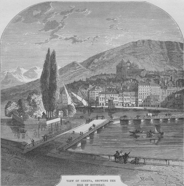 Associate Product GENEVA. View of Geneva, showing the Isle of Rousseau 1882 old antique print