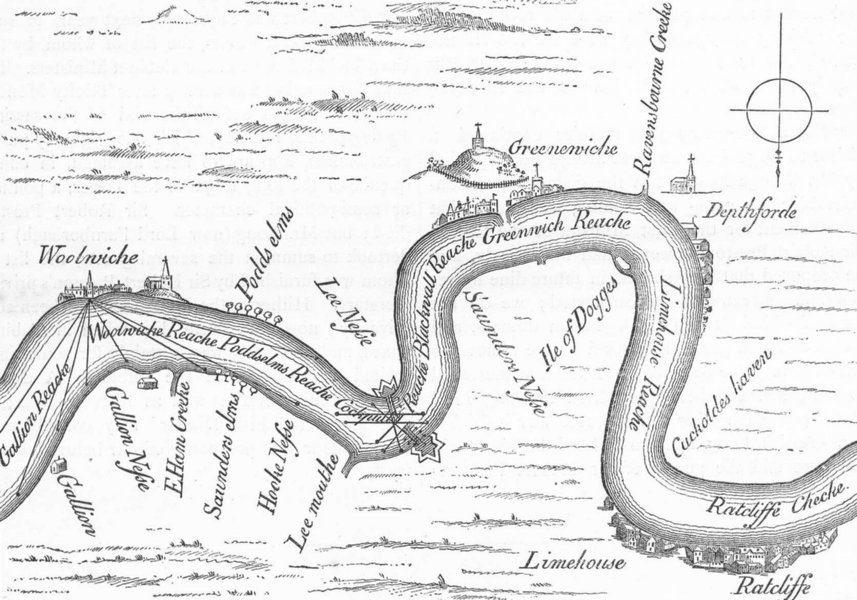 RIVER THAMES IN LONDON. Ratcliffe/Wapping to Woolwich, in 1588 1888 old map