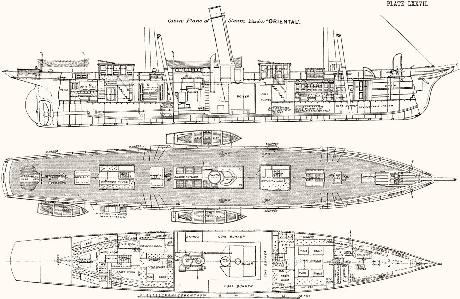 Associate Product YACHTS. Steam Yacht Cabin Plans 'Oriental'. of 1891 old antique print picture