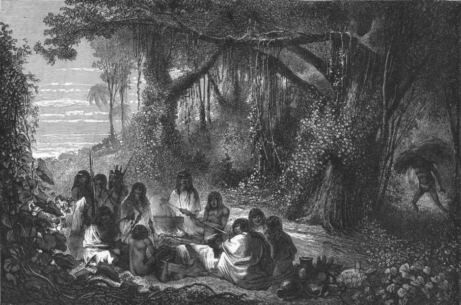 BRAZIL. Upper Amazons Indians dining 1880 old antique vintage print picture