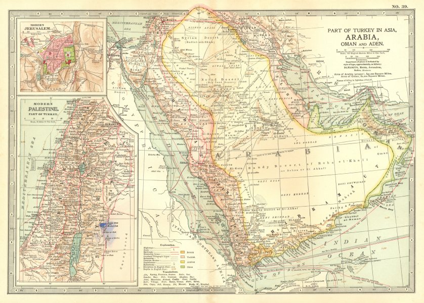 ARABIA. Saudi ; Yemen, Oman, UAE; Jerusalem, Palestine 1903 old antique map