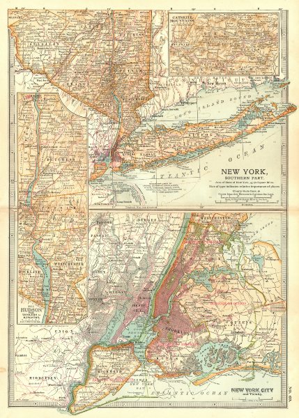 Associate Product NEW YORK. South; New York City, Long Island; Inset Catskills, Hudson 1903 map