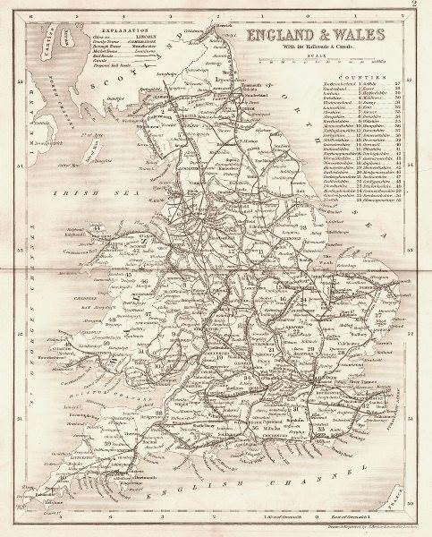 ENGLAND & WALES. Antique map showing railways & canals. ARCHER/DUGDALE c1840