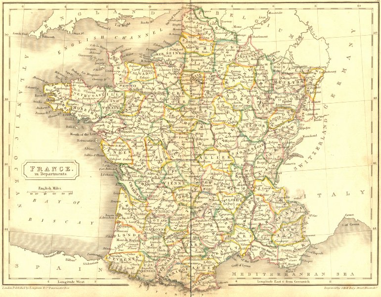 FRANCE. Departments. Butler Hall 1844 old antique vintage map plan chart
