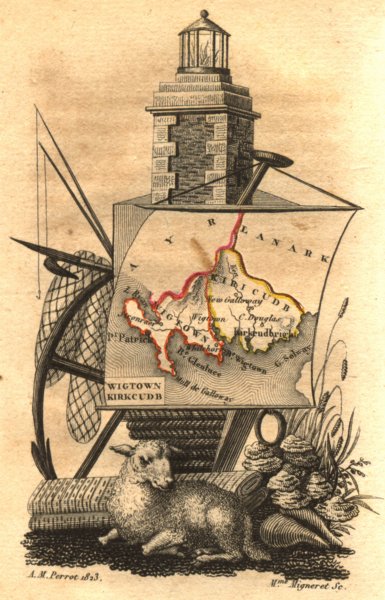 SCOTLAND. Wigtownshire, Kirkcudbright. Perrot 1824 old antique map plan chart