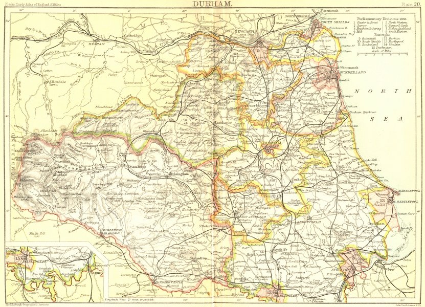 DURHAM. Black Inset Darlington 1892 old antique vintage map plan chart