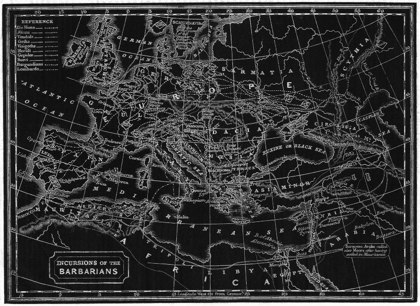 EUROPE. Barbarian invasions; Pinnock;  1833 old antique vintage map plan chart