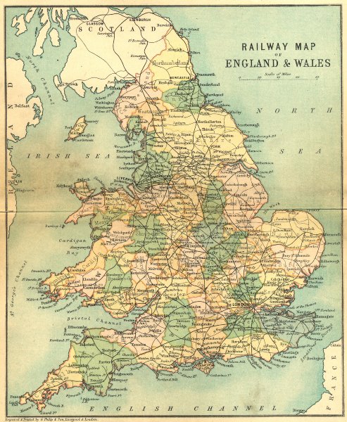ENGLAND WALES. RAIL MAP. Philip 1898 old antique vintage plan chart