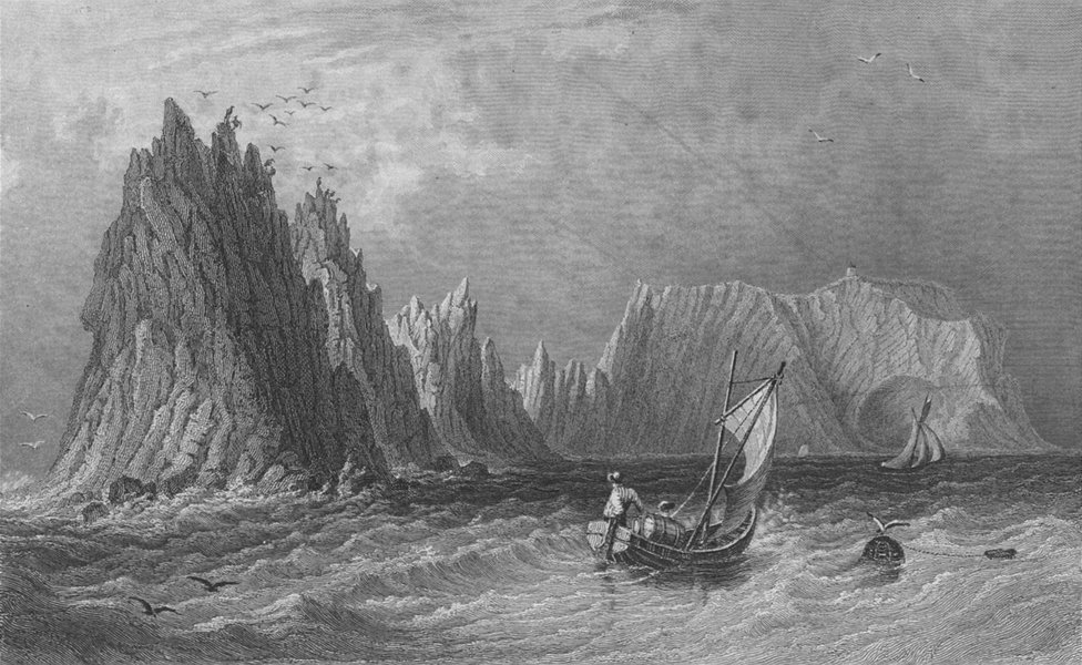 IOW. The Needles from Scratchells Bay c1840 old antique vintage print picture